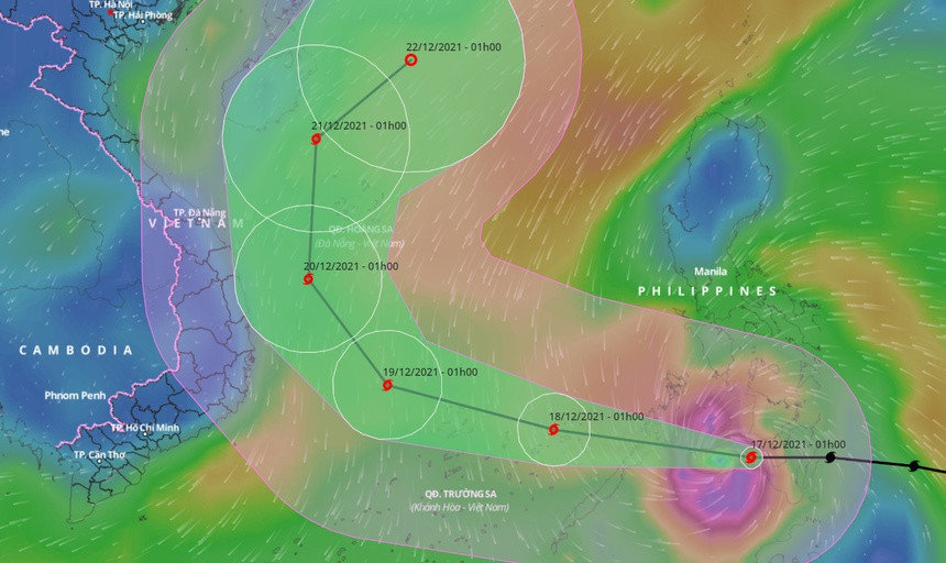 Cường độ bão RAI có xu hướng giảm dần sau khi đổ bộ biển Đông