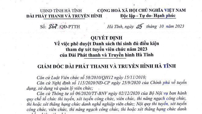 Danh sách thí sinh đủ điều kiện xét tuyển viên chức của Đài PT&TH Hà Tĩnh