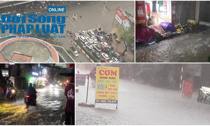 Hà Nội mưa xối xả, người dân chật vật di chuyển trên các tuyến đường ngập nước, xe cộ kẹt cứng