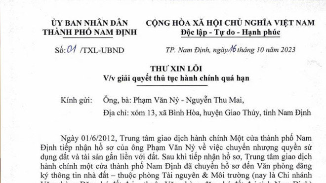 Nam Định: UBND TP xin lỗi người dân vì chậm giải quyết thủ tục hành chính