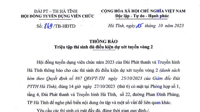 Đài PT&TH Hà Tĩnh triệu tập thí sinh xét tuyển viên chức năm 2023