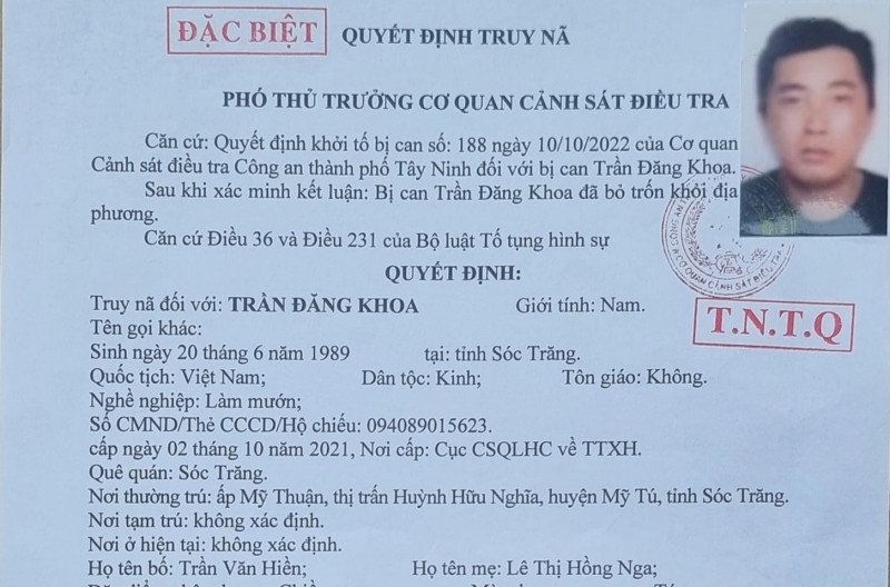 Truy nã đặc biệt toàn quốc Trần Đăng Khoa